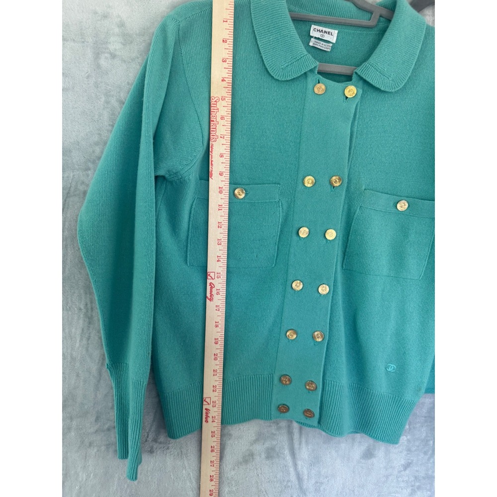 Chanel Vintage Cashmere Skirt Suit Teal Green Gold CC Buttons Scotland Sz 8 10 - Picture 8 of 13